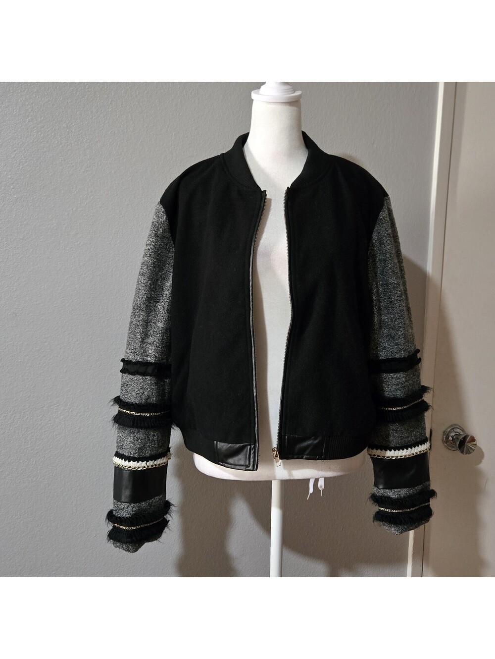 Endless Rose Mixed Media Bomber Jacket Fringe Tweed Sleeves Black Gray Size M/L